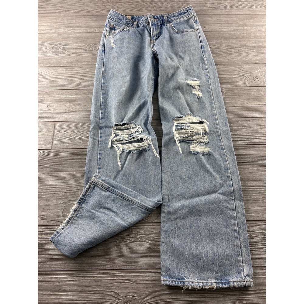 Levis Premium Low Loose Distressed Wide Leg Jeans Light Wash Blue 25 - Picture 1 of 8